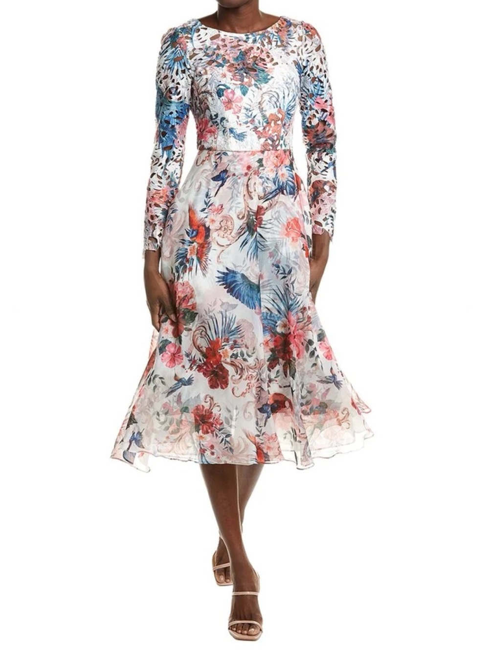 MARCHESA Long Sleeve Floral Print Midi Dress